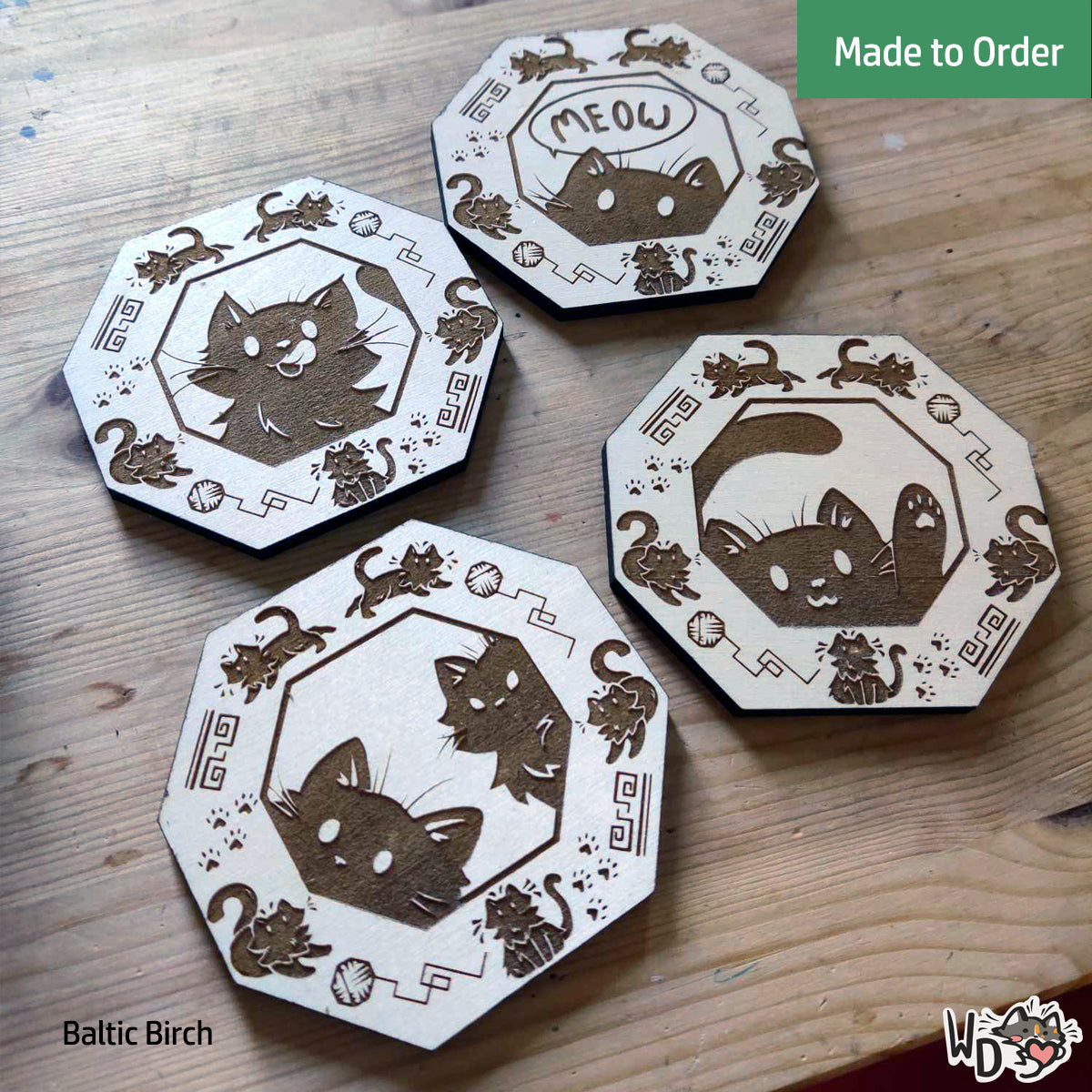 Wooden Cat Coaster Set (Set of 4)