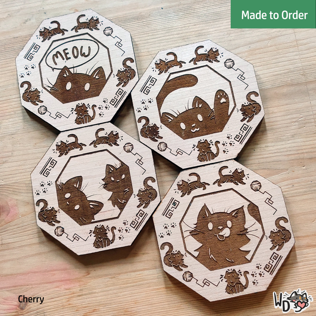 Wooden Cat Coaster Set (Set of 4)