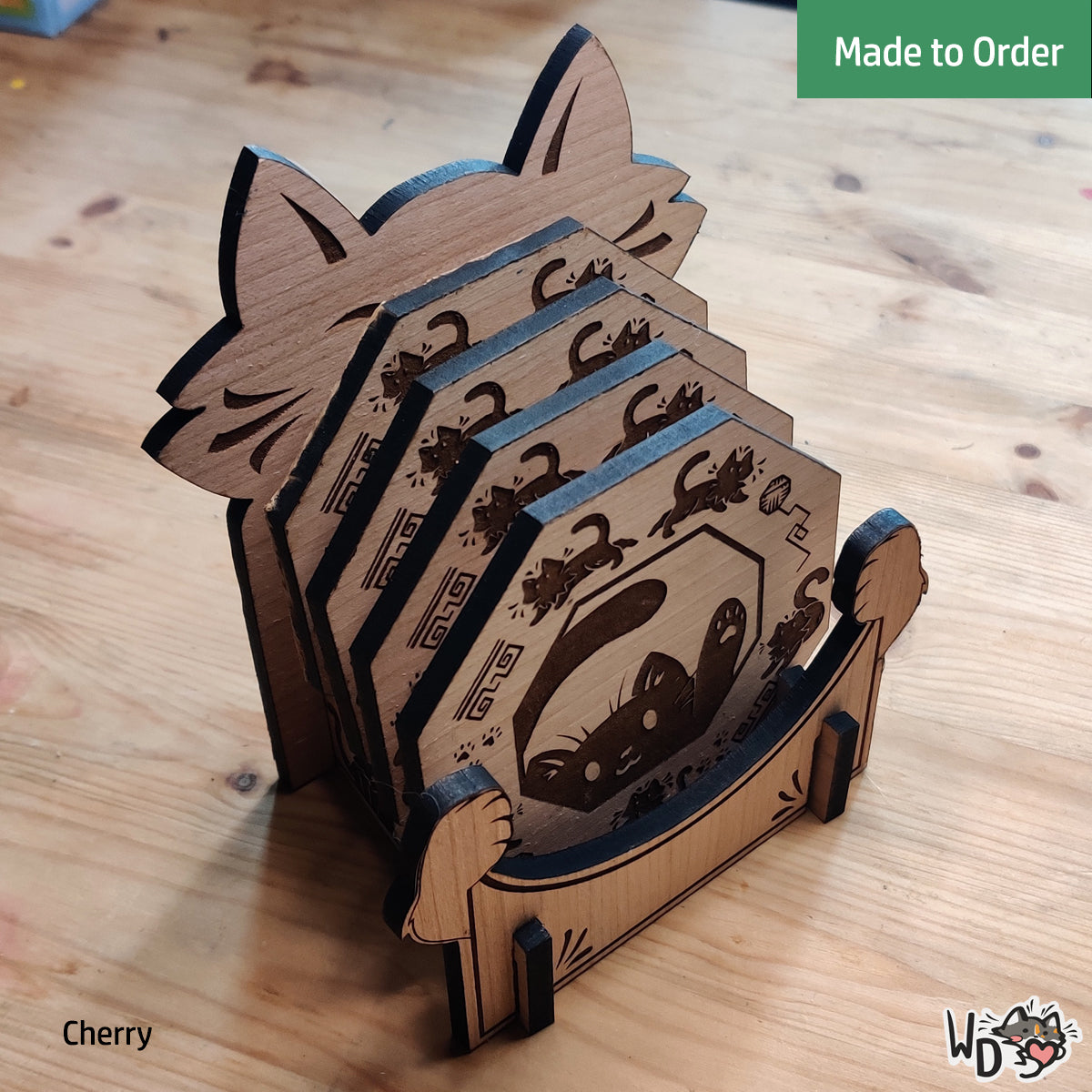 Wooden Cat Coaster Set (Set of 4)
