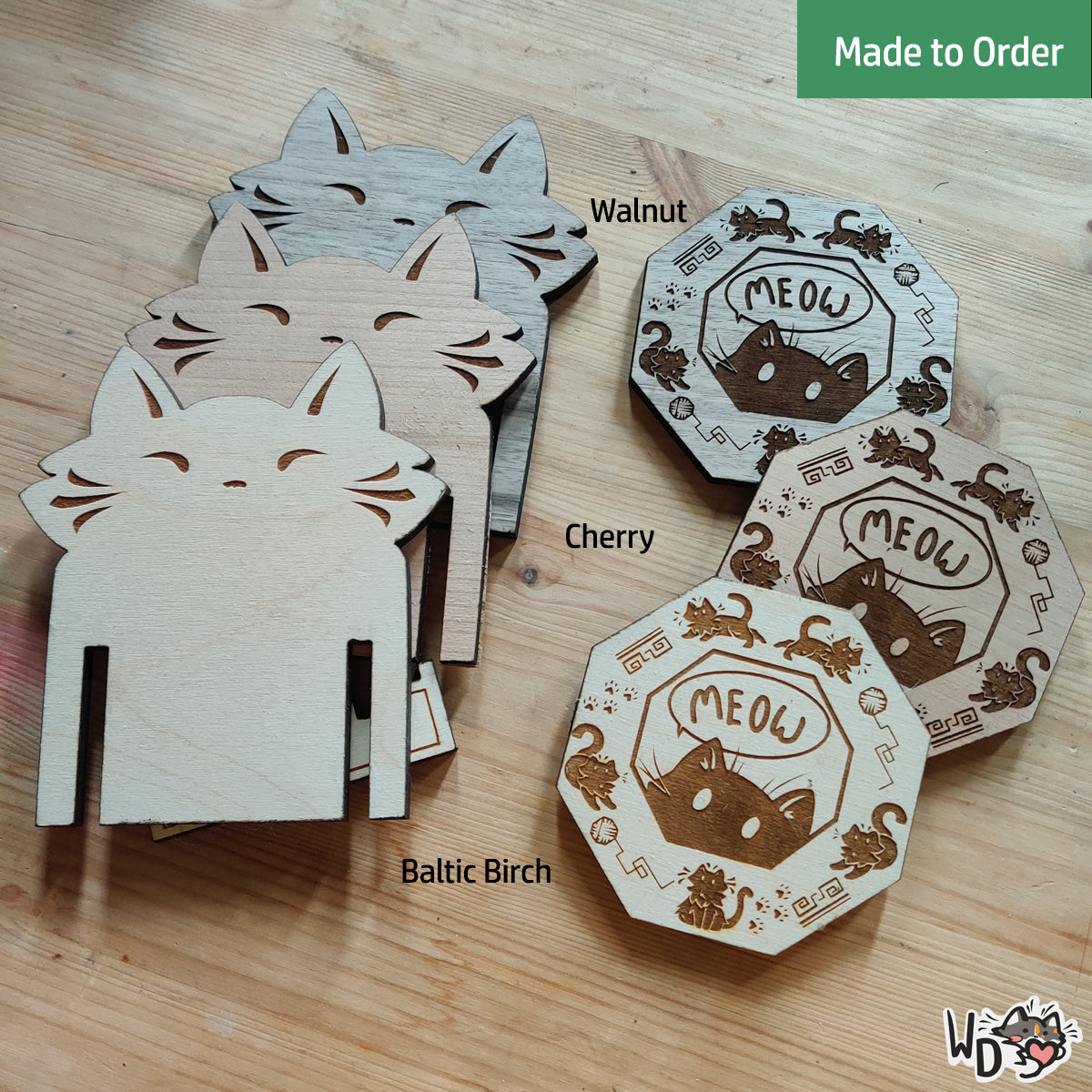 Wooden Cat Coaster Set (Set of 4)