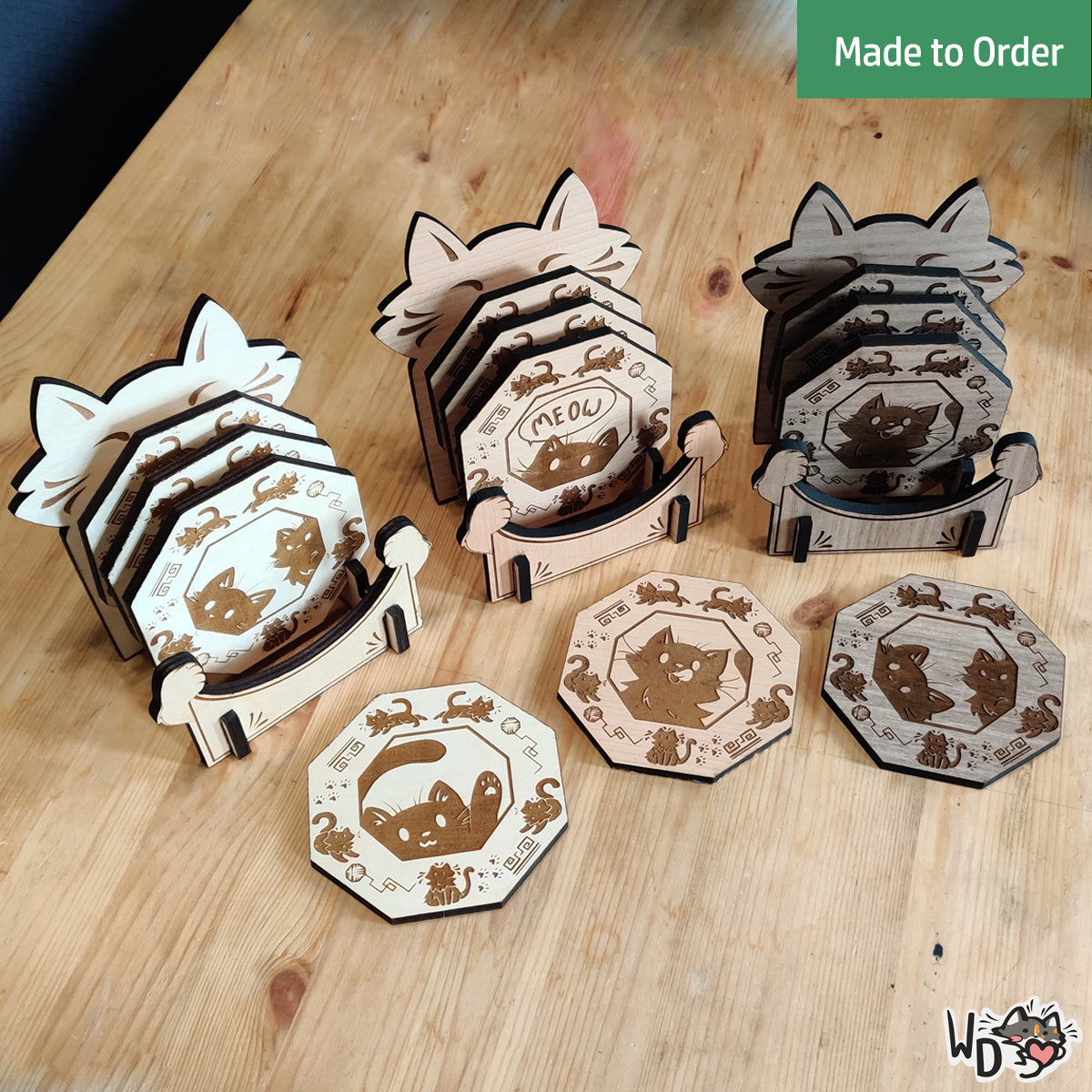 Wooden Cat Coaster Set (Set of 4)