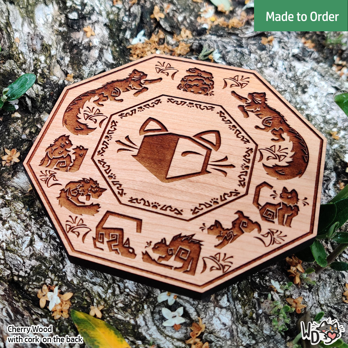 Wooden Cat Emblem Coaster - Single