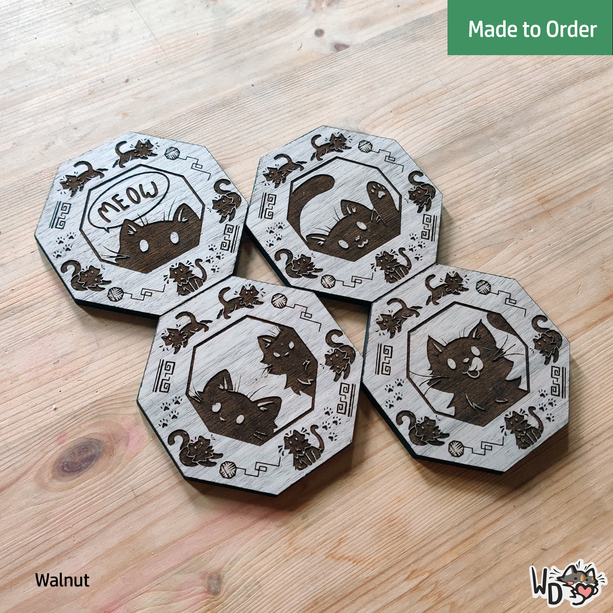 Wooden Cat Coaster Set (Set of 4)